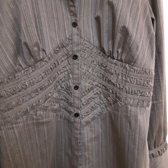 KENAR GREY STRIPED BUTTONED COLLARED DRESS SHIRT WITH RUCHED BODICE XL - Picture 2 of 6